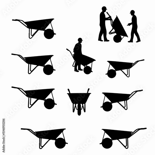Wheelbarrow silhouettes construction site workers equipment tool