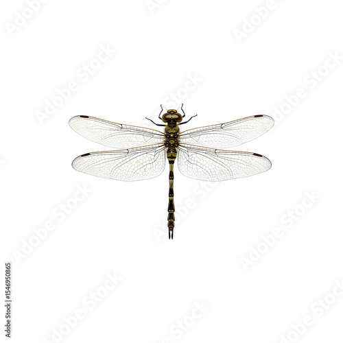 Elegant dragonfly with transparent wings delicately poised against a bright white background
