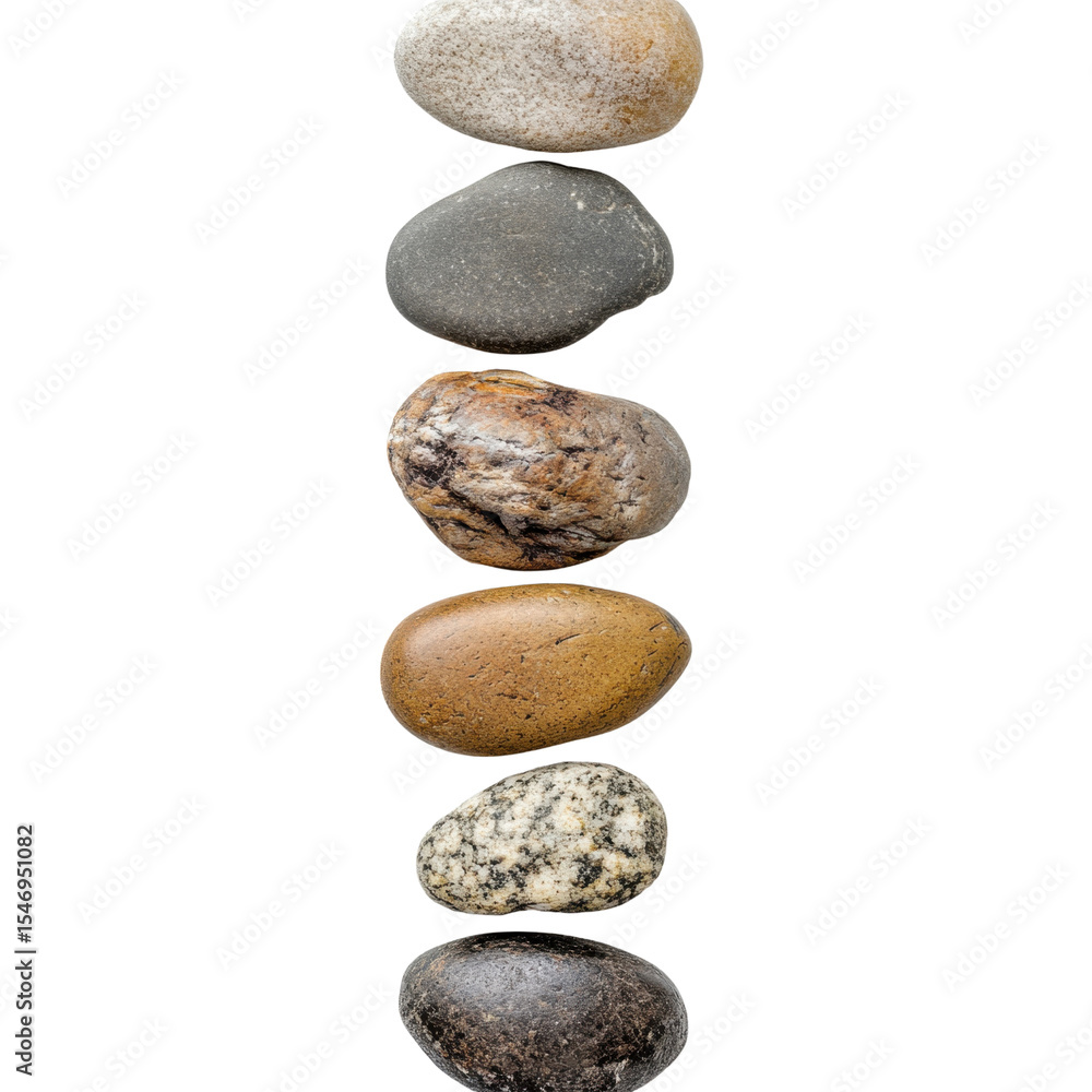 Various Smooth Stones Stacked in Vertical Arrangement on White Background Various Smooth Stones Stacked in Vertical Arrangement on White Background