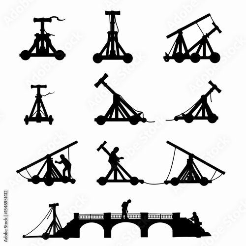 Trebuchet silhouette set siege weaponry medieval war