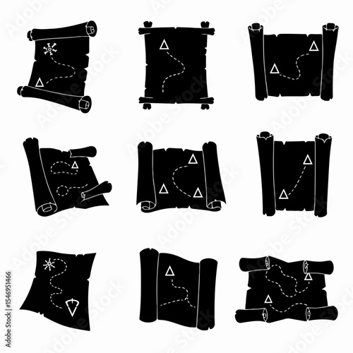 Treasure maps in black silhouettes on white background