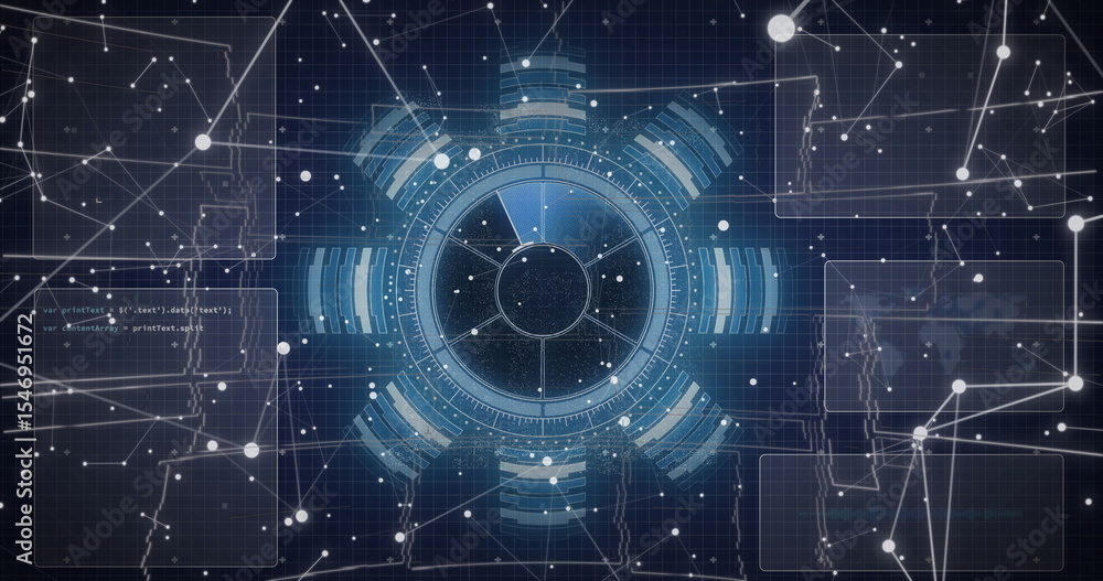 Displaying central circular HUD interface in virtual control room, with code panels and data nodes Displaying central circular HUD interface in virtual control room, with code panels and data nodes
