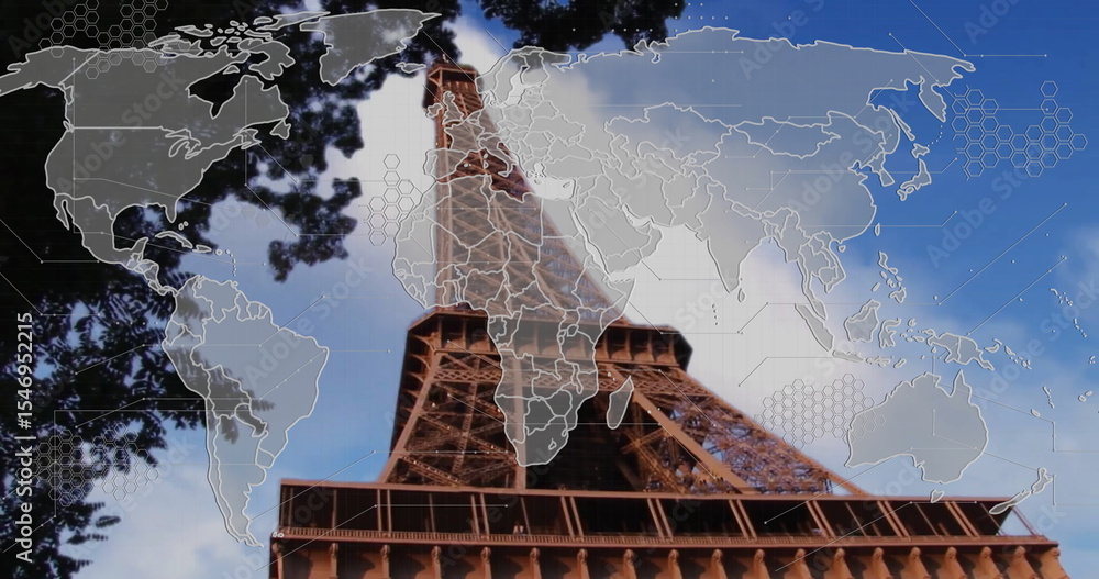 Obraz premium Towering Eiffel Tower climbing toward sky at Paris base, with world map overlay and green branches