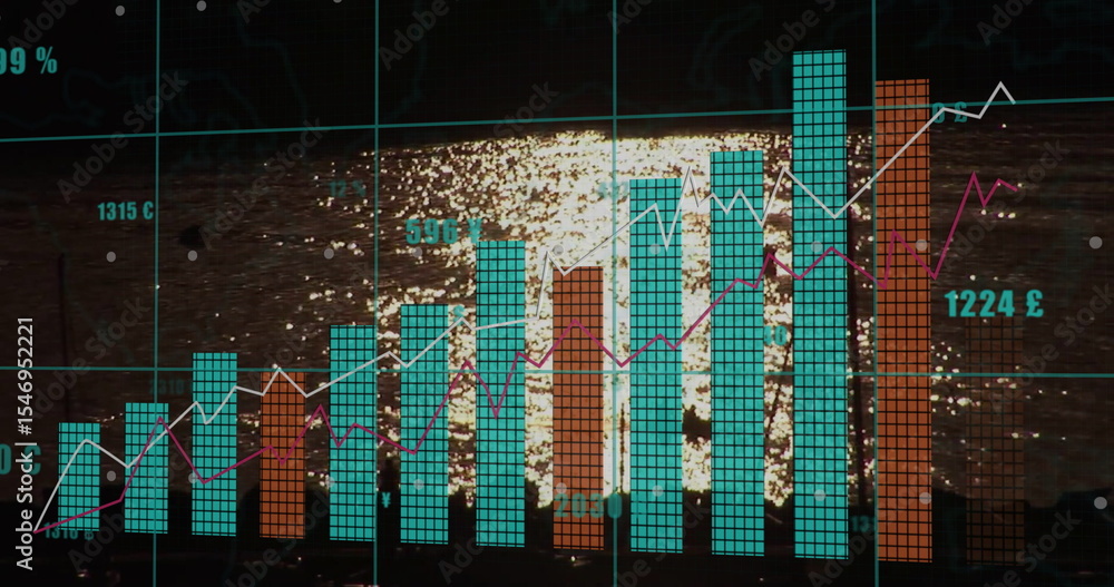 Fototapeta premium Superimposing chart on water reflections with teal orange bars white and magenta lines numeric label