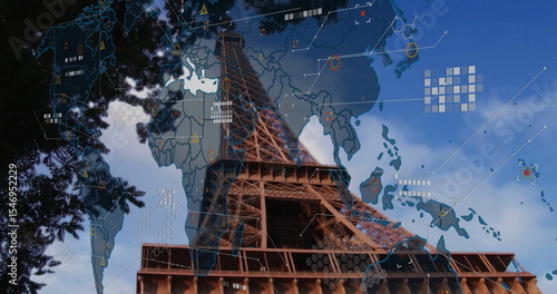 Capturing iron Eiffel Tower rising into Paris sky, with world map overlay and digital network icons