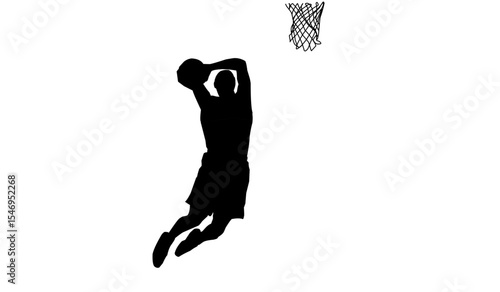 Silhouette of basketball player doing slam dunk, isolated on white background