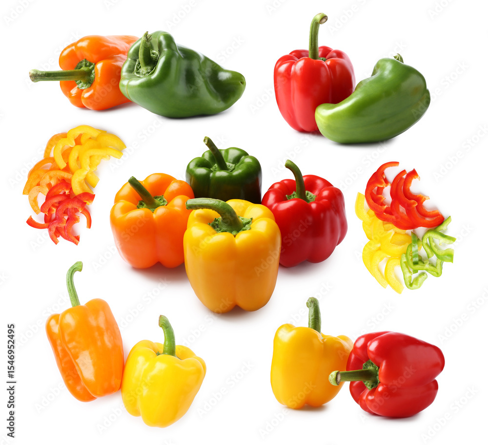 Fresh bell peppers isolated on white, collage. Whole and sliced Fresh bell peppers isolated on white, collage. Whole and sliced