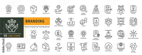 Minimalist Branding line icons set with editable stroke, featuring identity, rebranding, product, strategy, quality, brand value, slogn, loyal customers, story, brand launch. thin linear illustration.