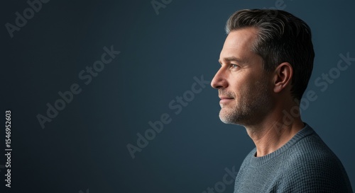 Handsome mature man in sweater profile view looking ahead against a solid color studio shot