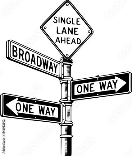 Vintage New York City Street Sign Illustration – Single Lane Ahead, One Way, Broadway Directional Signs on Detailed Urban Pole with Retro Map Style, Clean Lines, Bold Typography, Transparent Backgroun