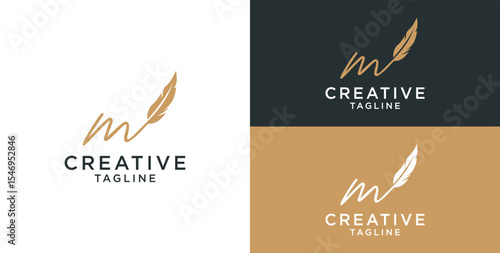 golden feather signature logo design. Minimalist feather m initial logo template