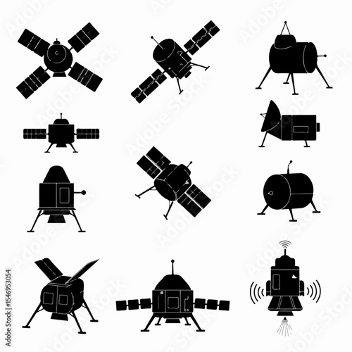 Spacecraft icons set, space exploration, landing modules