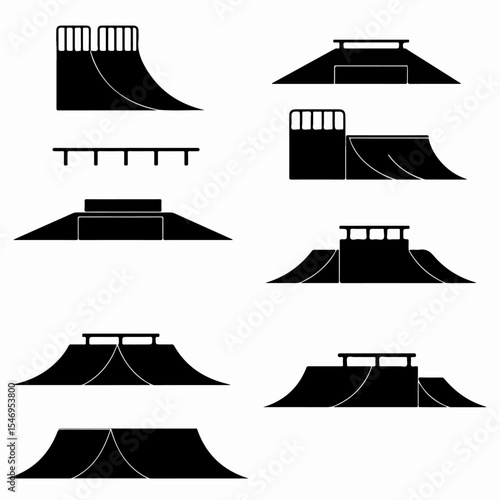 Skate park ramps black silhouette elements