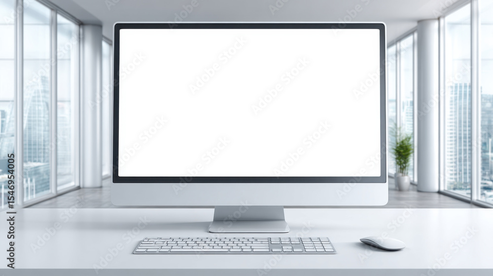 Fototapeta premium Blank white screen on desktop computer in modern office with large windows and cityscape view creating bright atmosphere