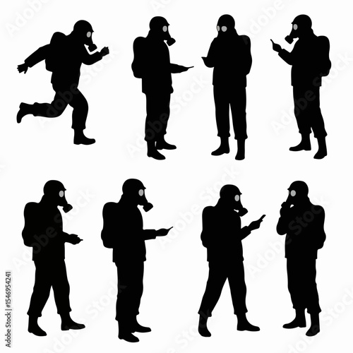 Silhouettes of people in protective gas masks
