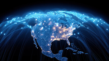 Glowing digital map of North America showing bright connection points and network lines symbolizing data flow and communication
