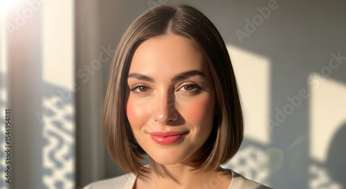 Free Download Beautiful young woman with short bob haircut smiling gently in dramatic sunlight - GFXLoad
