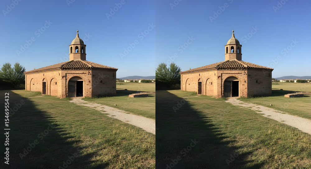 Naklejka premium Historical rustic brick chapel building in a flat green landscape under clear blue sky