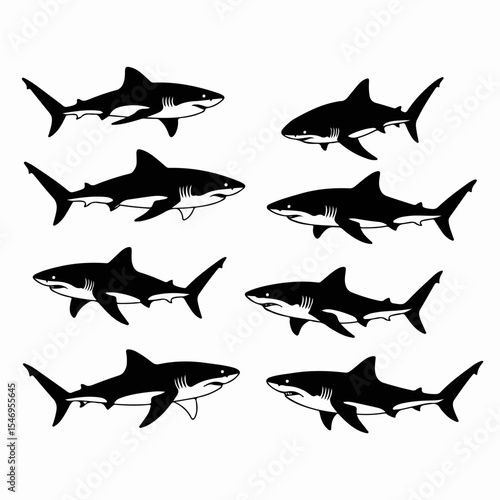 Shark silhouettes predatory sea creatures collection