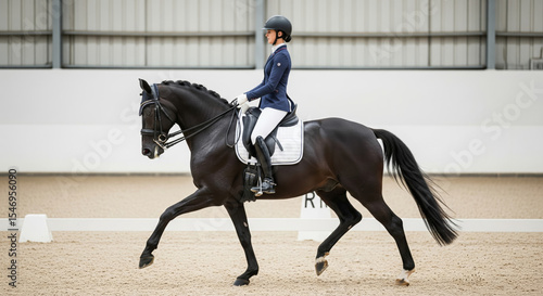 Woman in a helmet riding a black dressage horse