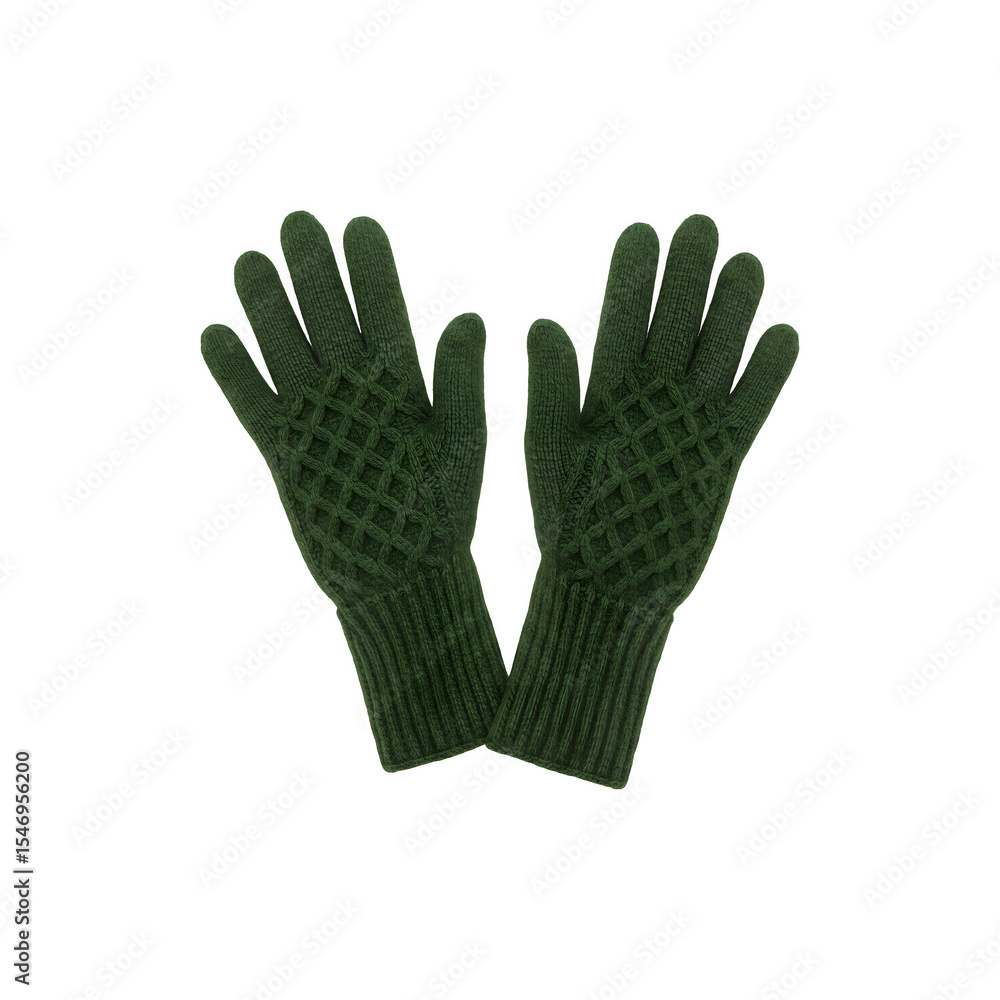 Obraz premium Dark green knit winter gloves laid flat on white background
