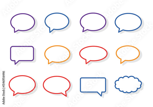 An array of twelve outlined speech bubbles in varying colors and shapes casting subtle shadows