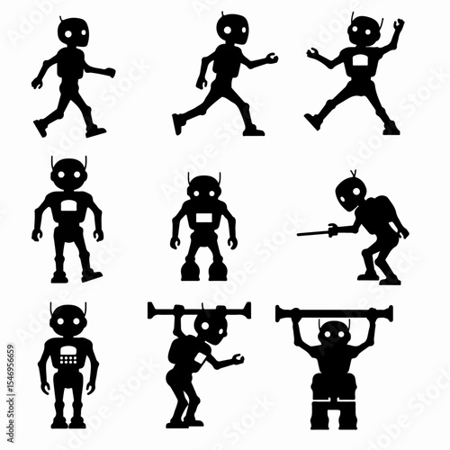 Robot silhouette in various poses and actions