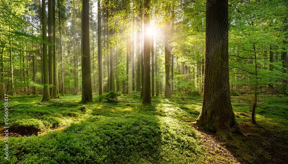 Fototapeta premium beautiful sun rays illuminating a lush spring forest in gorgeous shades of fresh green slow panning motion