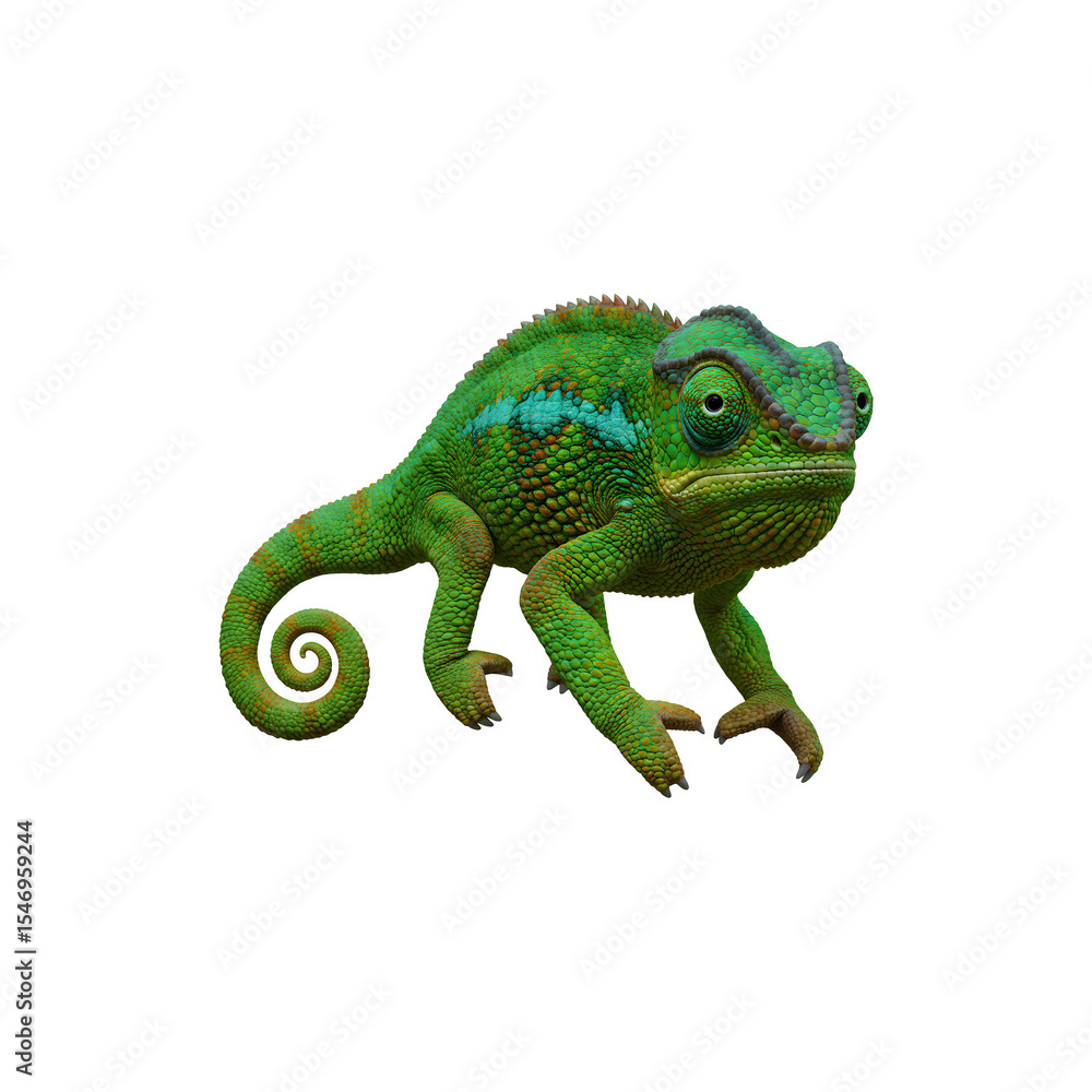 Obraz premium Green chameleon crawling forward with curled tail on white background
