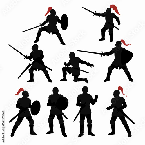 Medieval knight silhouettes warrior armor sword