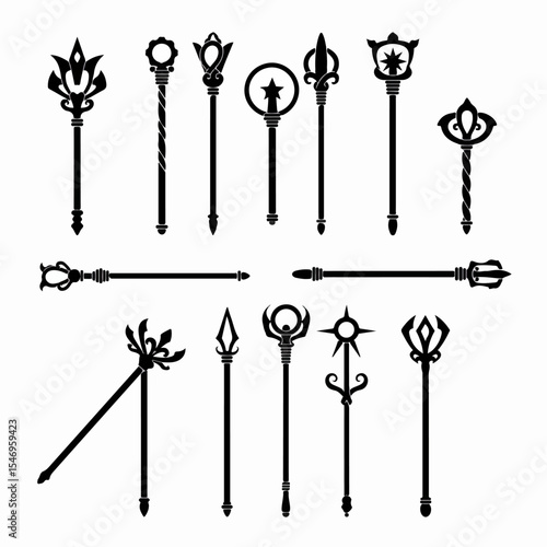 Magic wands and scepters set black silhouettes