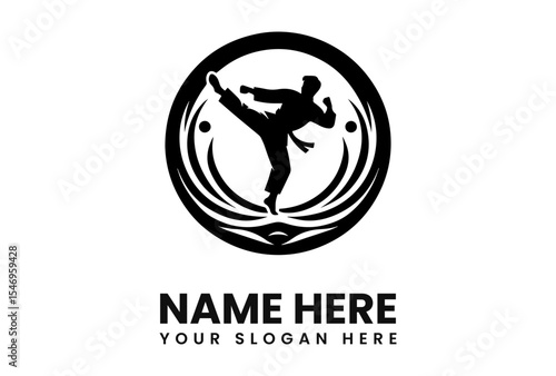 Martial artist silhouette logo; dynamic kick, circular design, elegant emblem.