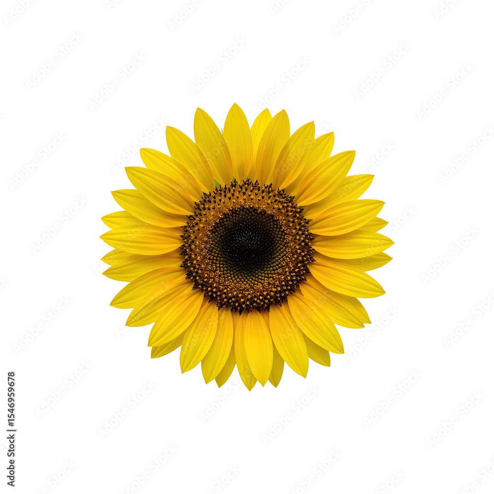 Obraz premium Bright yellow sunflower in full bloom with brown center on white background