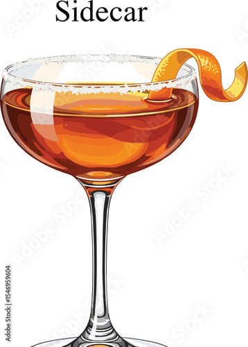 Sidecar cocktail with orange twist garnish and sugar rim in coupe glass. Watercolor illustration of classic cognac and citrus drink on beige background. 