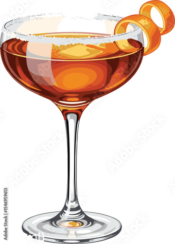 Sidecar cocktail with orange twist garnish and sugar rim in coupe glass. Watercolor illustration of classic cognac and citrus drink on beige background. 