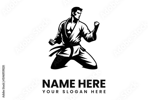 Photos Black and white logo of a karateka in a dynamic fighting stance.