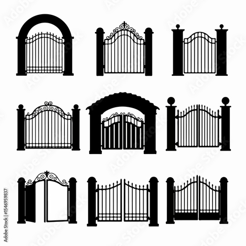 Iron gates set, architecture entrance elements