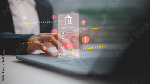 Fotografi Person logging into mobile banking app with warning signs and alert interface