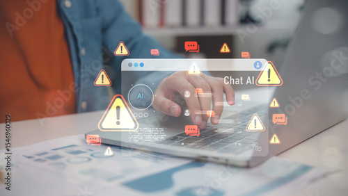 Hand typing on laptop with Chat AI warning icons and alert messages. Represents artificial intelligence risks, chatbot error, misinformation, cyber threat, and AI safety concerns.