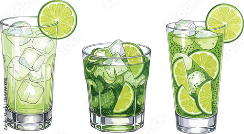 Caipirinha cocktail with lime slices and ice cubes in short glass. Watercolor illustration isolated on transparent background. Brazilian drink with cachaca