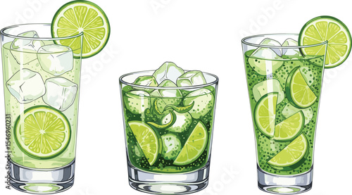 Caipirinha cocktail with lime slices and ice cubes in short glass. Watercolor illustration isolated on transparent background. Brazilian drink with cachaca