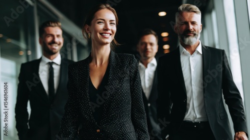 Confident Team of Executives Walking Down Hallway in Corporate Office Setting - Leadership, Business, and Professional Success