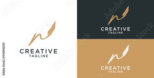 golden feather signature logo design. Minimalist feather r initial logo template