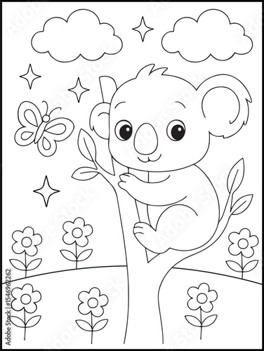 Illustration of a cute cartoon koala on a tree with flowers and butterflies. Black and white printable coloring page for kids. Educational outline worksheet.