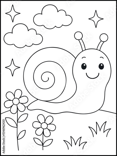 Cute Snail Cartoon with Flowers.  Printable Coloring Page for Kids. Black and White Line Art for Children