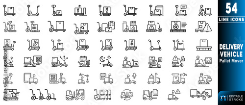 Pallet mover delivery vehicle line icons for efficient logistics solutions.  Editable stroke. Vector illustration