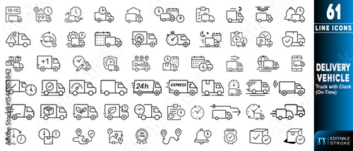 Line icon of delivery vehicle with clock symbolizing on time service efficiency.  Editable stroke. Vector illustration