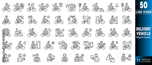 Bicycle courier delivery vehicle icons representing efficient urban logistics.  Editable stroke. Vector illustration