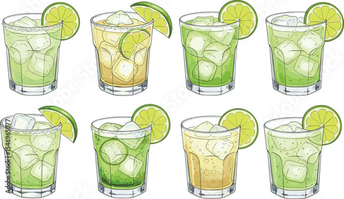 Set of Tommy's Margarita cocktails with lime wedges and ice cubes in short transparent glasses. Watercolor illustration on black background. Assorted tequila and lime drinks