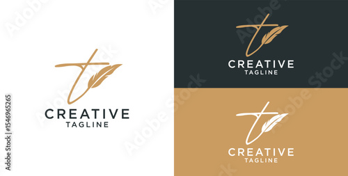 golden feather signature logo design. Minimalist feather t initial logo template